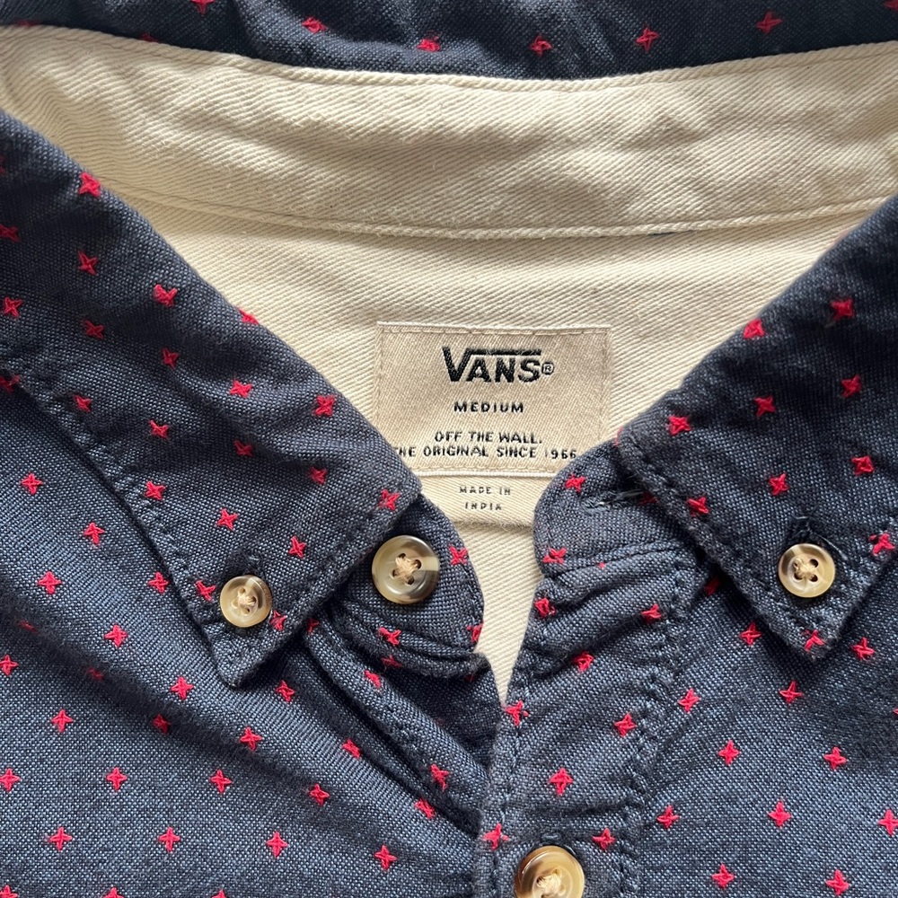 Vans Men's Dark Blue and Red Stitch Casual Button Down Shirt